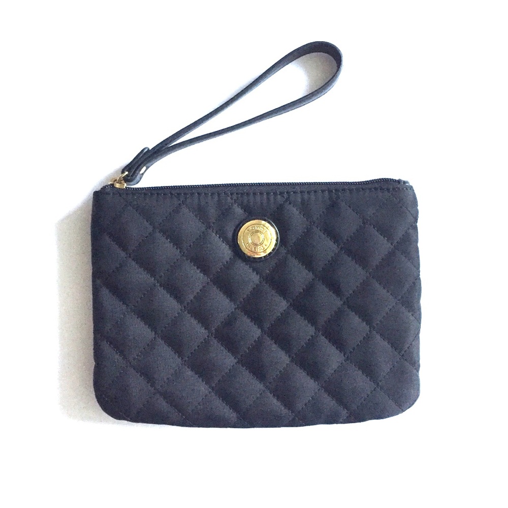 Tommy Hilfiger Black Gold-Tone Accent Logo Quilted Nylon Wristlet